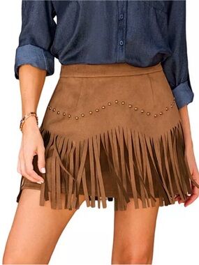 Cupshe Brown Faux Suede Fringe Mini Skirt
